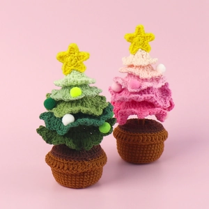 Handmade crochet Christmas tree miniature potted plants with stars in pink and green