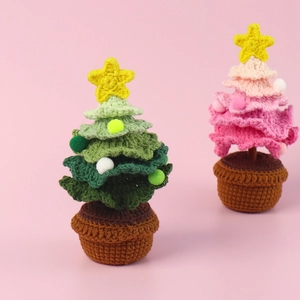 Handmade crochet Christmas tree desktop ornament with knitted base and star topper