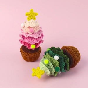 Handmade crochet Christmas tree yarn desk ornaments in pink and green gradient colors