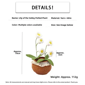 Detailed size parameters of handmade crochet Lily of the Valley in a brown knitted pot