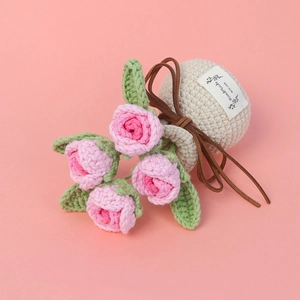 Handmade crochet rose flower bouquet in beige pot with Handmade with Love tag decoration