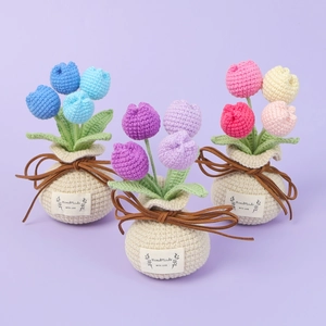 Handmade Crochet Tulip Potted Plant Artificial Flowers Knitted Yarn Desktop Ornament Home Decor Gift Finished Cute Warm