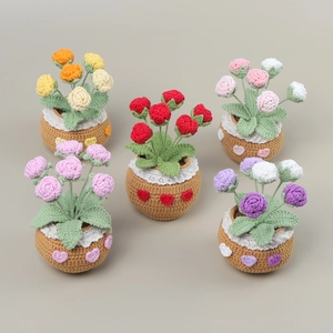 Five styles of handmade crochet rose potted plants in vibrant colors for home decor