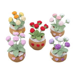 Five handmade crochet flower potted plants in various vibrant colors on white background