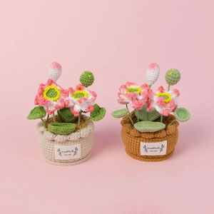 Detailed close-up of handmade crochet lotus flower pot with HandMade decorative label