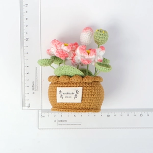 Handmade crochet lotus mini potted plant with dimensions 9cm width and 11cm height