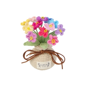 Fiori di Non Ti Scordar Di Me all'uncinetto fatti a mano in vaso con etichetta HandMade