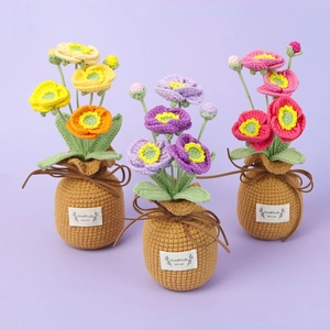 Handmade Crochet Poppy Flower Potted Plant Gradient Yarn Knitted Aesthetic Artificial Floral Desk Decor Table Ornament Gift