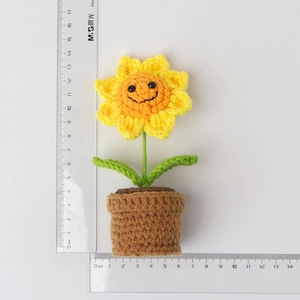 Detailed measurement showing 15cm height of handmade crochet sunflower potted plant decor