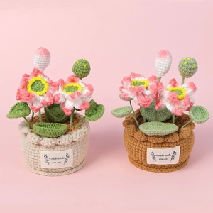 Handmade Crochet Lotus Potted Plant Wool Yarn Artificial Flower Miniature Desk Decor Home Ornament Gift