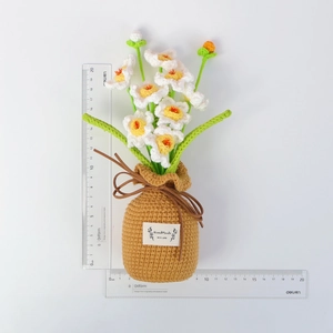 Handmade crochet narcissus potted plant in a lucky bag vase, height 16.5cm