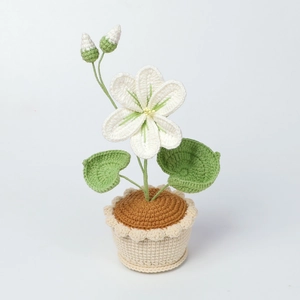 Détail de fleurs crochetées à la main en pot blanc avec des feuilles vertes