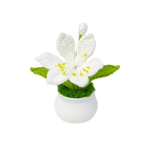Handmade crochet white lily potted plant with green leaves and a ceramic base for home decor