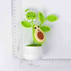 Handmade crochet avocado plant with cute smiley face in a white pot, 16cm height