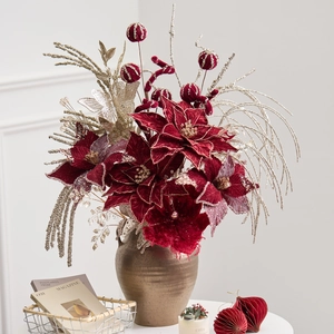 Artificial Christmas Flowers Stems Velvet Poinsettia Glitter Picks For Holiday Tree Decoration Burgundy Champagne