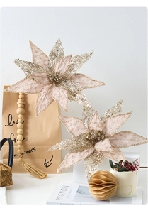Close-up of champagne sequins and mesh texture on luxury artificial Christmas flowers