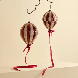 Burgundy and gold hot air balloon Christmas ornaments with glitter and silk ribbons