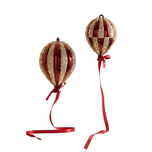 Christmas hot air balloon ornaments in burgundy and gold with festive ribbons