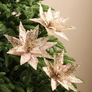 Artificial Poinsettia Christmas Flower Champagne Gold Sequin Glitter Fabric Mesh With Stem For Tree Decoration