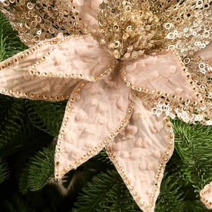 Champagne gold Christmas mesh flower ornament with sequins and glitter for tree decor