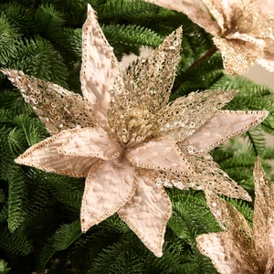 22cm champagne gold poinsettia with glitter mesh and beads on green Christmas tree branch