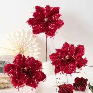 Artificial Christmas Poinsettia Flowers Wine Red Velvet Fabric With Sequins Exquisite Floral Arrangement Scene Decoration