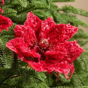 Elegante fiore di Natale in velluto rosso con centro glitterato su un pino verde