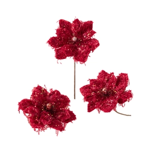 Three burgundy faux poinsettia flowers with gold glitter and velvet petals for Christmas