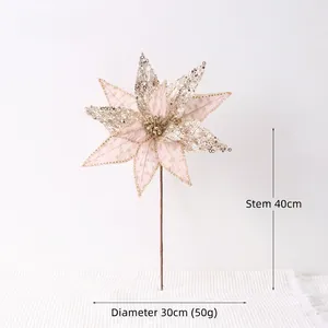 Poinsettia di Natale color oro champagne con paillettes e grandi petali da 30 cm