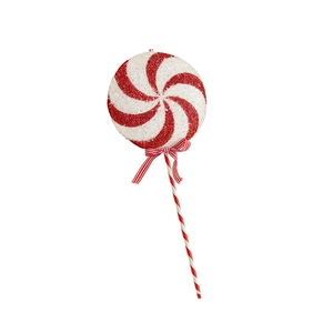 Glittery red and white swirl lollipop Christmas tree ornament with a striped bow