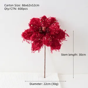Premium burgundy artificial Christmas magnolia flower with gold sequins and velvet petals