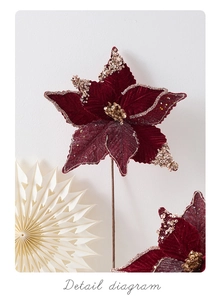 Macro view of high-grade burgundy velvet poinsettia with golden sequins for Christmas decor