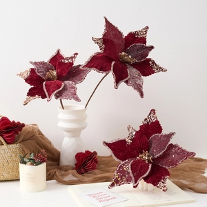 Premium burgundy velvet Christmas poinsettia flowers with gold glitter in white vase