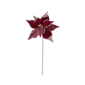 Luxurious velvet artificial burgundy poinsettia with golden glitter for Christmas decor