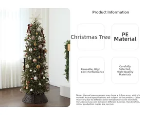 Detail of slim PE pencil Christmas tree with warm lights and festive ornaments