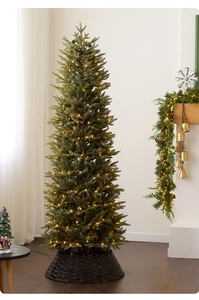 Pencil Christmas tree detail with warm white LED lights and realistic pine cones