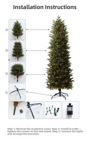 Detailed assembly guide for slim pencil Christmas tree with pre-lit lights and metal stand