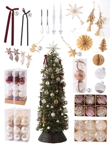 Detailed Christmas tree ornament set featuring champagne gold and burgundy luxury decorations