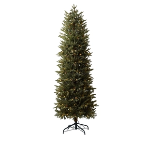 Slim PE Christmas tree with warm LED lights, pine cones, and a sturdy black metal stand