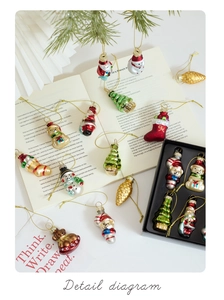 Detail view of assorted colorful glass Christmas ornaments set in a decorative gift box