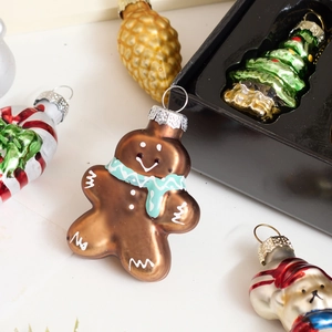 Hand-painted glass Christmas ornaments set including gingerbread man and tree in gift box