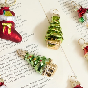 Miniature colorful glass Christmas tree and Santa boot ornaments with gold metal caps