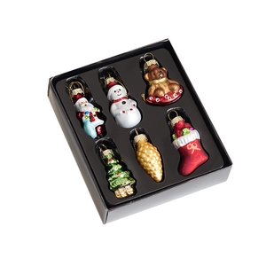 6-piece festive glass Christmas ornament set including Santa and tree in gift box