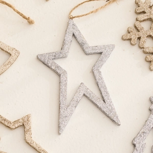 Décorations de Noël en forme d'étoile pailletée or et argent avec cordon en jute naturel