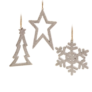 Set de 3 décorations de Noël à paillettes dorées avec sapin, étoile et flocon de neige