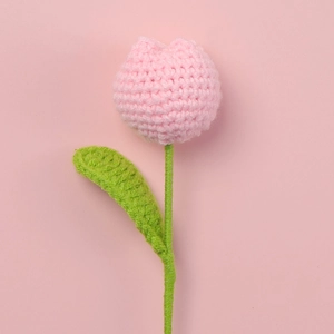 Handmade crochet pink tulip flower with green leaf for home decor and gifts