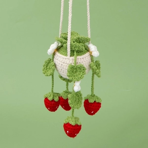 Handmade Crochet Strawberry Potted Plant Car Hanging Ornament Knit Floral Rearview Mirror Pendant Home Decor Aesthetic Gift