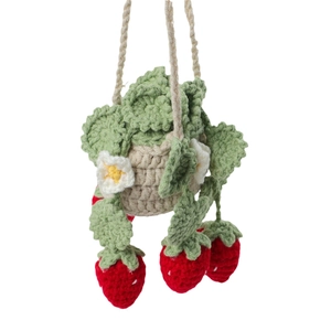 Handmade crochet strawberry car hanging ornament with green leaves and white flowers