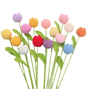 Handmade crochet tulip flower bouquet in vibrant colors with knitted textures