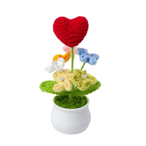 Handmade crochet heart flower plant in white ceramic pot for home office desk decor